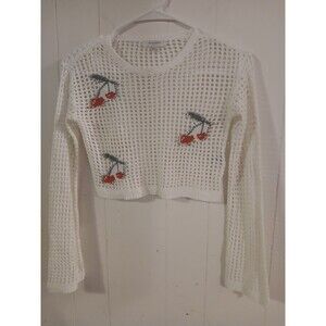 No Comment Girls  Large 10/12 Crochet Crop Top Long Sleeve Knitted Cherries